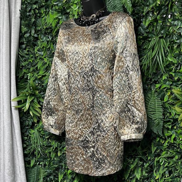 ZARA Dress Women XS Gold Shimmer Mini Jacquard Balloon Long Sleeve Cocktail 2630 - Picture 1 of 10